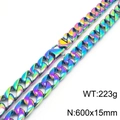 Rainbow colored 15mm Cuban link chain necklace in stainless steel for hip hop style - Multicolor (KN282337-KJX)