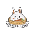 Cute enamel bunny brooch pin in a bamboo steamer with a carrot and banner - Rabbit in Steamer