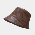 Close-up of brown PU leather bucket hat showing detailed texture and retro style - One Size / Dark Brown