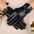 Winter PU leather touchscreen gloves in black with bow detail and white stitching - One Size / PU Black Bow Style