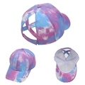 Tie-dye ponytail baseball cap with cross opening design for women shown in multiple angles - Purple Blue Tie-Dye Criss-Cross Baseball Cap