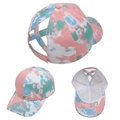 Detailed view of elastic criss-cross bands for high ponytails on a tie-dye baseball cap - Pink Green Tie-Dye Criss-Cross Baseball Cap