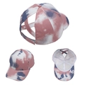 Detailed views of tie-dye ponytail baseball cap featuring criss-cross elastic bands - Dusty Pink Grey Tie-Dye Criss-Cross Baseball Cap