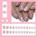 Short pink press-on nails with white flowers and rhinestones set model Z740 - Z740 Shadow Butterfly