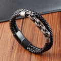 Bracelet rétro pour homme en cuir tressé noir avec maillons mats et fermoir magnétique - 21CM Double Couche