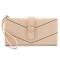 Detail of beige long wallet featuring chevron stitching and D-ring buckle closure - Apricot