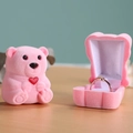 Pink flocked bear jewelry box with a red heart, shown open and closed for ring storage - Bear / Pink