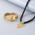 Men's gold lion head braided bracelet and black onyx bead necklace jewelry set - 22cm Bracelet + Necklace Set