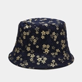 Cappello da pescatore blu navy con motivi giapponesi floreali e onde dorati - M(56-58cm) / Blu Scuro Floreale Reversibile