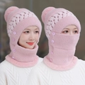 Pink three-in-one knitted winter hat with integrated neck warmer and plush trim - Hat And Neck Warmer / Pro MAX - Pink