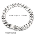 Silver-toned matte cuban chain necklace for men with bone buckle, 500x24mm stainless steel - Sandblasted (24mmx50cm)