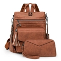 Detail of vintage brown PU leather backpack with tassel charm and matching wristlet clutch - Yangba Brown