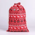 Detail of red Christmas gift bag with white reindeer, snowflakes and drawstring closure - Red Reindeer