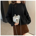 Detailed view of silver heart-shaped acrylic evening bag with metallic chain strap - Silver