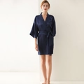 Navy silk satin robe for women with elegant tassel hem and waist tie closure - S / Robe / Navy Blue