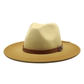 Two-tone wool fedora hat with wide brim, camel and beige gradient with leather buckle band - Ginger Two-Tone