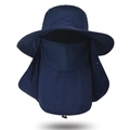 Navy blue outdoor sun hat with wide brim, mesh face cover and long neck protector - Navy Blue