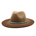 Detail of a brown fedora hat featuring a sky blue leather band and golden buckle - Brown
