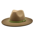 Brown wool fedora hat with green leather belt and gold buckle, winter fashion style - M (56-58cm) / Khaki