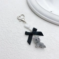 Cute gray flocked kitten keychain with black satin bow and heart metal clasp - Gray