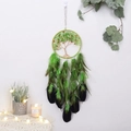 Detail of tree of life dreamcatcher with natural green stones and soft feathers - Evergreen Tree Finished