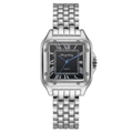 Detailed macro view of square steel watch with black Roman dial and blue hands - Large / Silver Black