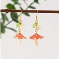 Floral lemon yellow flower earrings with red mushroom and leaf pendants on gold hooks - Red Mushroom Style (FN1004)