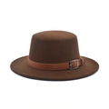 Classic dark brown flat top wool boater hat with leather band and metal buckle detail - M (56-58cm) / Coffee