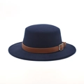 Detailed view of dark blue wool felt boater hat with a brown leather decorative band - M (56-58cm) / Navy Blue
