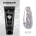 Dettaglio macro del gel acrilico glitter argento GL03 con tubetto e nail art finita - Gel Allungamento Glitter 03 (GL03)