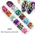 Chameleon butterfly nail glitter flakes in a 12-grid box for professional nail art - 12 Compartment Chameleon Butterfly Sequins (SHD)