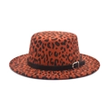 Flat top leopard print wool felt fedora hat with black leather band and wide brim - M(56-58cm) / Burgundy