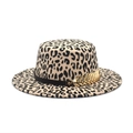 Close-up of leopard print fedora with black decorative ribbon and golden feather detail - M(56-58cm) / White