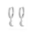 Silver hoop earrings featuring sparkling pave-set crescent moon charms with white stones - Silver Moon