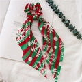 Christmas hair scrunchie with red and green striped ribbon and white snowflake pattern - Red Green Snowflake Ribbon