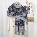 Close-up of black and white paisley scarf with handmade label on a beige coat - 5# Black Grey