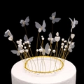 Elegant gold wire birthday crown cake topper with white pearls and butterfly decorations - Gold Wire Butterfly Pearl Round