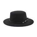 Klassischer schwarzer flacher Wollfilzhut mit breiter Krempe und Kordelverzierung - M (56-58cm) / Schwarz