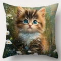 Linen pillowcase with cute brown tabby cat and white daisies illustration in oil painting style - Style 5 / 45*45cm (No Core)