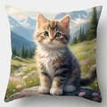 Linen pillowcase featuring a cute cartoon cat in a mountain landscape design - Style 2 / 45*45cm (No Core)