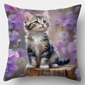 Modern cute cat and flower linen pillowcase showing a kitten sitting on a wooden stump - Style 10 / 45*45cm (No Core)