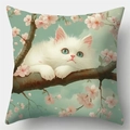 Cute white cat and cherry blossoms decorative pillow cover in soft teal fabric - Style 15 / 45*45cm (No Core)