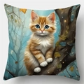 Cartoon orange cat and autumn leaves linen pillowcase cover for sofa decor - Style 4 / 45*45cm (No Core)