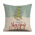 Linen Christmas pillow case with teal and beige colors featuring Happy New Year text - 18x18 Inch / 13/Mint Green Patch