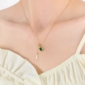 Golden necklace with emerald zircon square pendant and BABY engraved bar on model - Gold Necklace-45+5cm