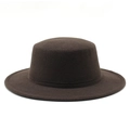 Detailed view of deep brown wool felt boater hat with a flat top and wide stiff brim - M(56-58cm) / Coffee
