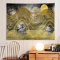 Arazzo da parete astratto con paesaggio montano oro e nero con luna e uccelli - 90x60cm / Luna della Montagna Dorata (25)