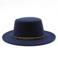 Chapeau rétro en laine bleu marine à bord large avec ruban en cuir à rivets dorés - M (56-58cm) / Bleu marine