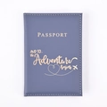 Detail of navy blue PU leather passport holder with golden adventure quote and heart plane - Haze Blue