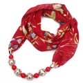 Dettaglio della sciarpa collana in chiffon floreale rosso con perle rosse e perle dorate - Rosso